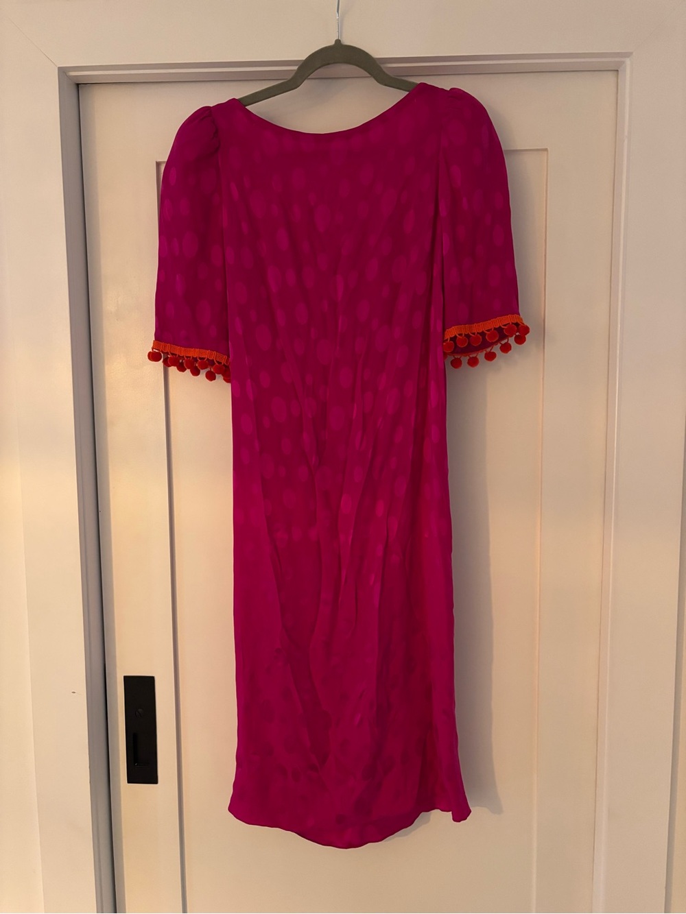 Oscar de la Renta Fuchsia Silk Polka Dot Dress with Pom Pom Trim